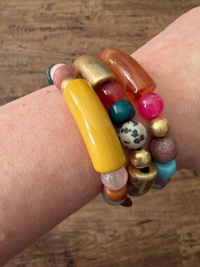 Colorful Beaded Stretch Bracelet Set - Yellow, Pink, Teal & Gold 🆕
